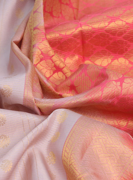 Pure kanchipuram silk saree beige and pink with allover zari checks & buttas and long annam zari woven korvai border