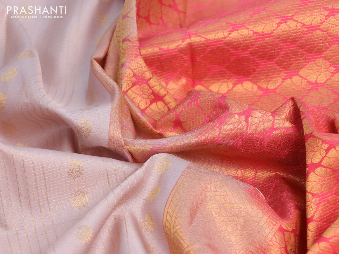 Pure kanchipuram silk saree beige and pink with allover zari checks & buttas and long annam zari woven korvai border