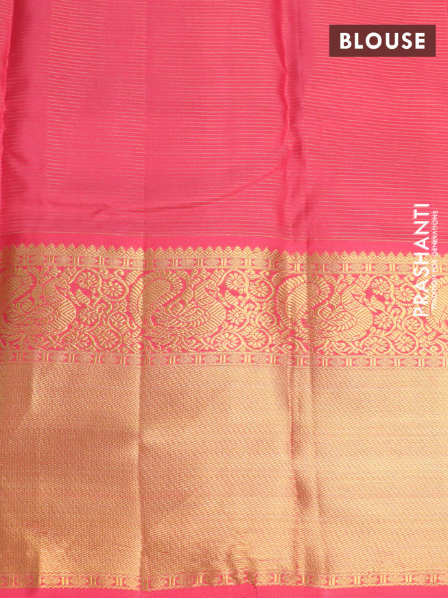 Pure kanchipuram silk saree beige and pink with allover zari checks & buttas and long annam zari woven korvai border