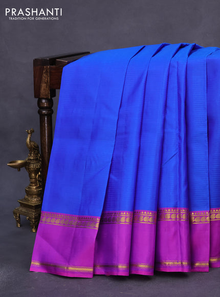 Pure kanchipuram silk saree blue with allover stripes pattern and ganga jamuna border