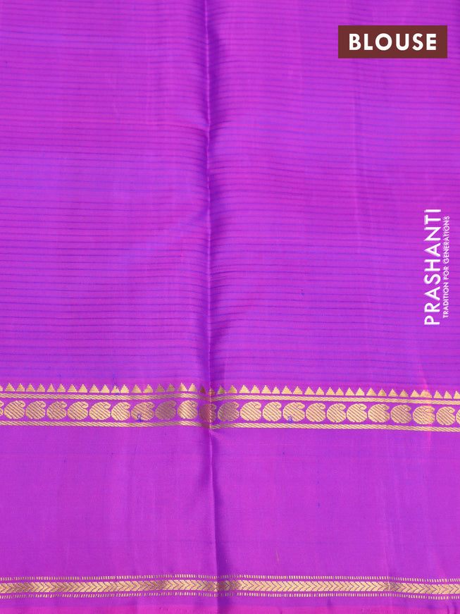 Pure kanchipuram silk saree blue with allover stripes pattern and ganga jamuna border