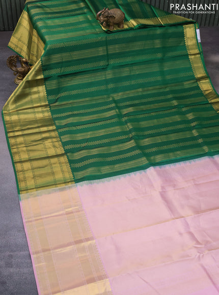 Pure kanchipuram silk saree green and light pink with allover zari weaves and long zari woven border