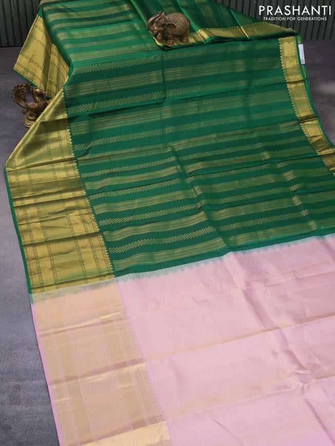 Pure kanchipuram silk saree green and light pink with allover zari weaves and long zari woven border