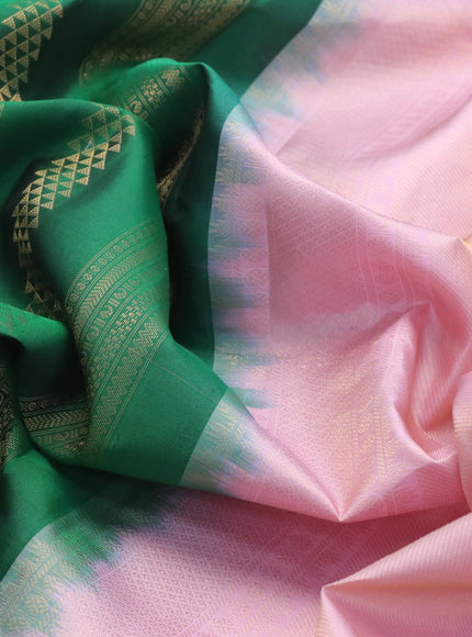 Pure kanchipuram silk saree green and light pink with allover zari weaves and long zari woven border