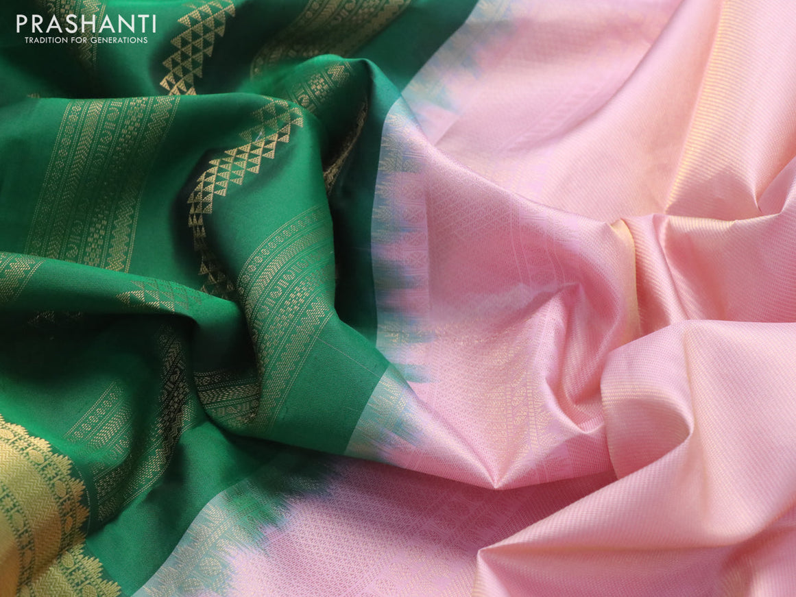 Pure kanchipuram silk saree green and light pink with allover zari weaves and long zari woven border