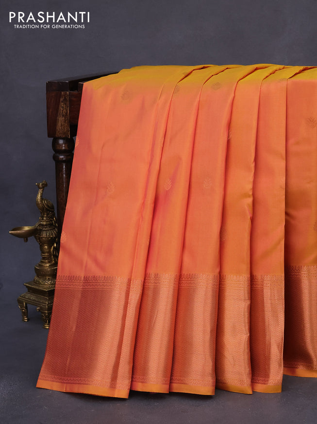 Pure kanchipuram silk saree dual shade of mustard and grey shade with copper zari woven buttas and copper zari woven border