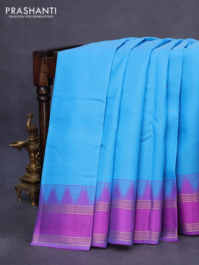 Pure kanchipuram silk saree light blue and pink with allover small zari checked pattern and temple deisgn rettapet zari woven border