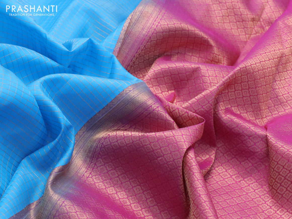 Pure kanchipuram silk saree light blue and pink with allover small zari checked pattern and temple deisgn rettapet zari woven border