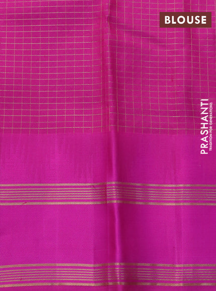 Pure kanchipuram silk saree light blue and pink with allover small zari checked pattern and temple deisgn rettapet zari woven border