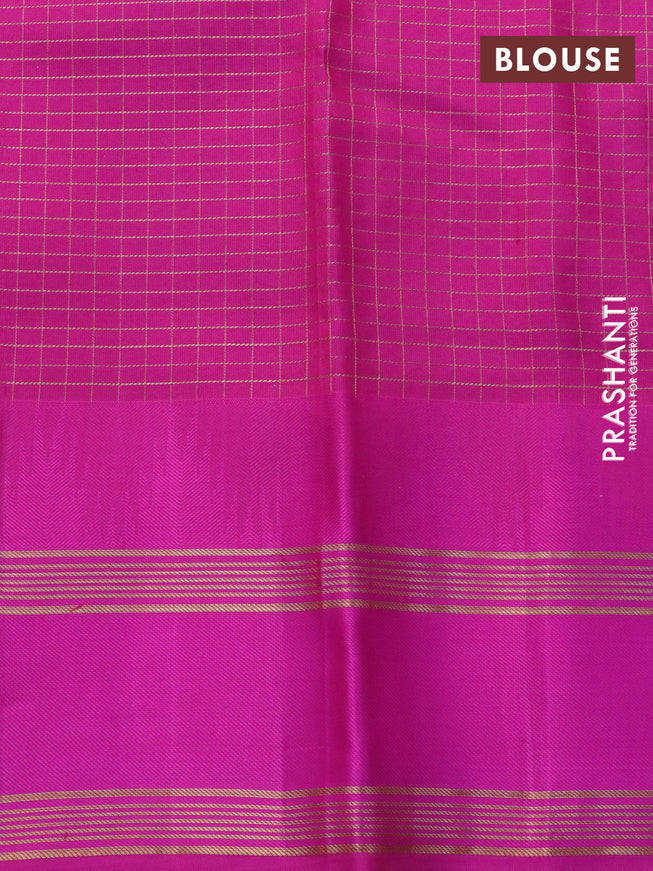 Pure kanchipuram silk saree light blue and pink with allover small zari checked pattern and temple deisgn rettapet zari woven border