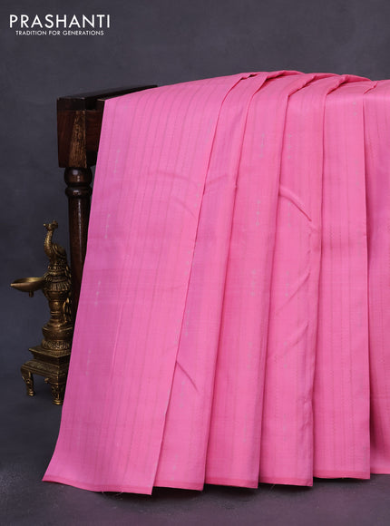 Pure kanchipuram silk saree candy pink and lime yellow with allover zari weaves & buttas in borderless style