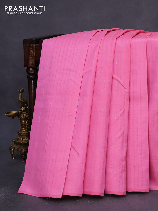 Pure kanchipuram silk saree candy pink and lime yellow with allover zari weaves & buttas in borderless style