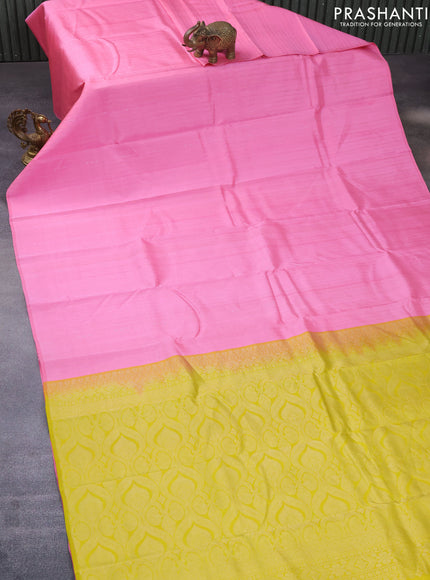 Pure kanchipuram silk saree candy pink and lime yellow with allover zari weaves & buttas in borderless style