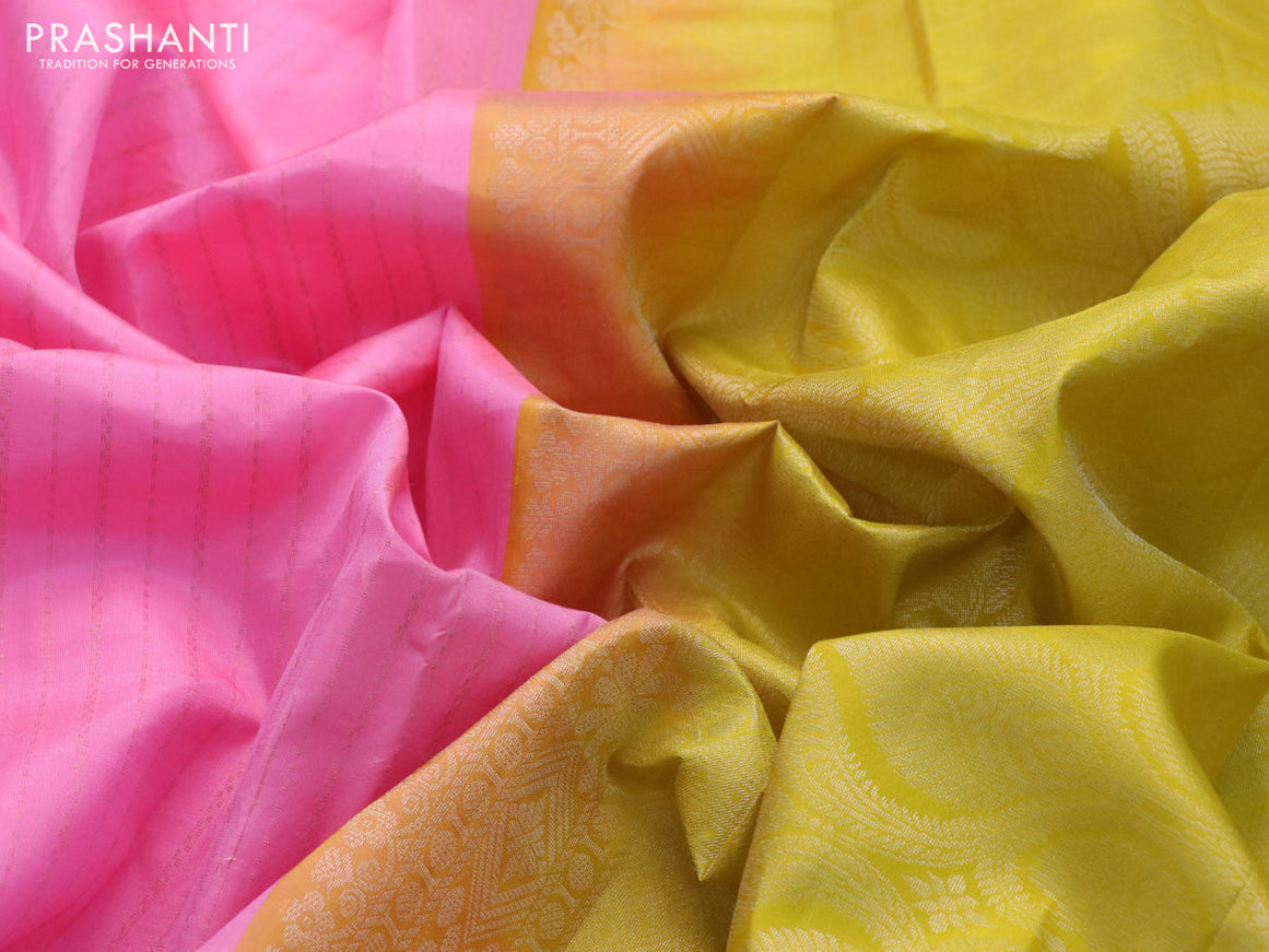 Pure kanchipuram silk saree candy pink and lime yellow with allover zari weaves & buttas in borderless style