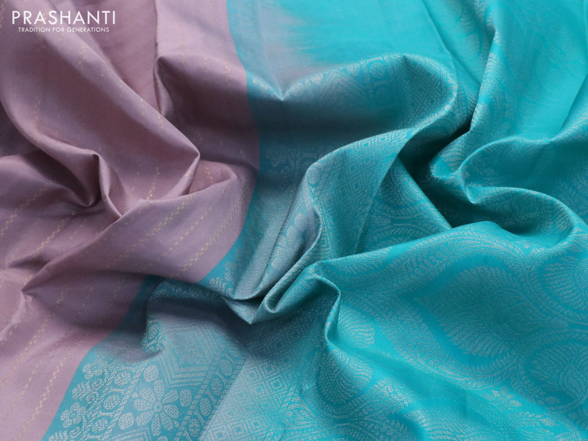 Pure kanchipuram silk saree grey and teal blue with allover zari weaves & buttas in borderless style