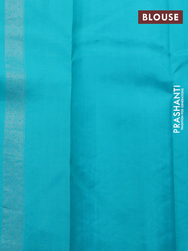 Pure kanchipuram silk saree grey and teal blue with allover zari weaves & buttas in borderless style