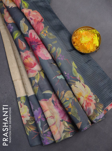 Semi kanchipuram silk saree cream and grey shade with allover zari brocade weaves and floral digital printed border