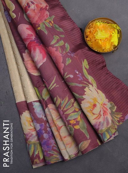 Semi kanchipuram silk saree cream and maroon shade with allover zari brocade weaves and floral digital printed border