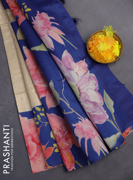 Semi kanchipuram silk saree cream and blue with allover zari brocade weaves and floral digital printed border