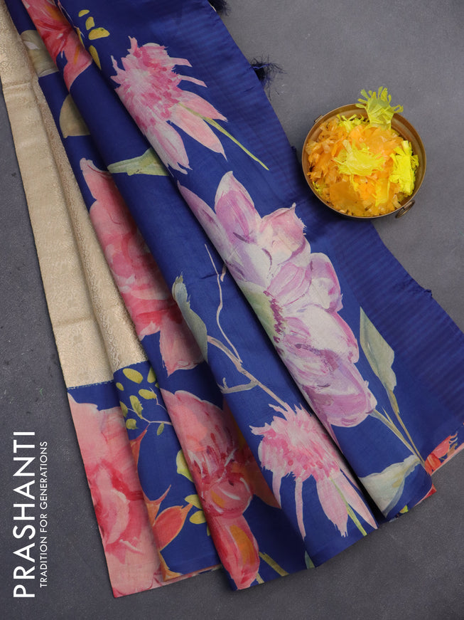 Semi kanchipuram silk saree cream and blue with allover zari brocade weaves and floral digital printed border