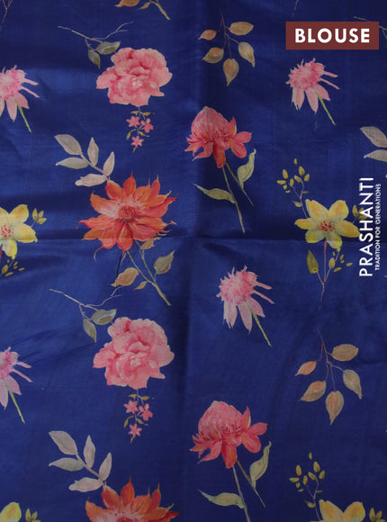 Semi kanchipuram silk saree cream and blue with allover zari brocade weaves and floral digital printed border