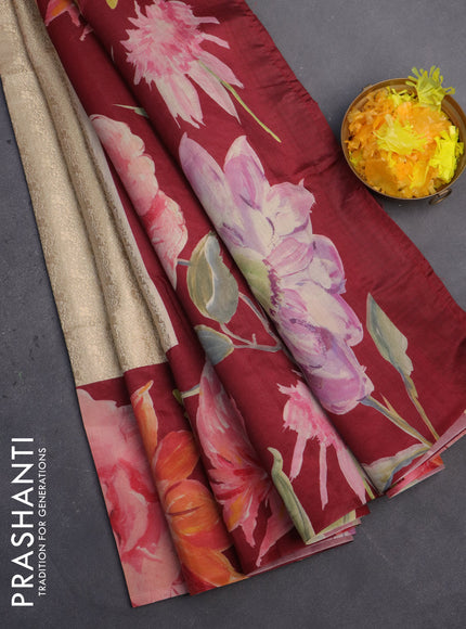 Semi kanchipuram silk saree cream and maroon with allover zari brocade weaves and floral digital printed border