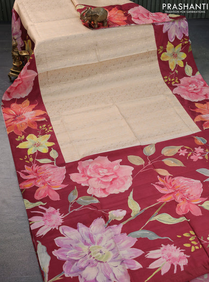 Semi kanchipuram silk saree cream and maroon with allover zari brocade weaves and floral digital printed border