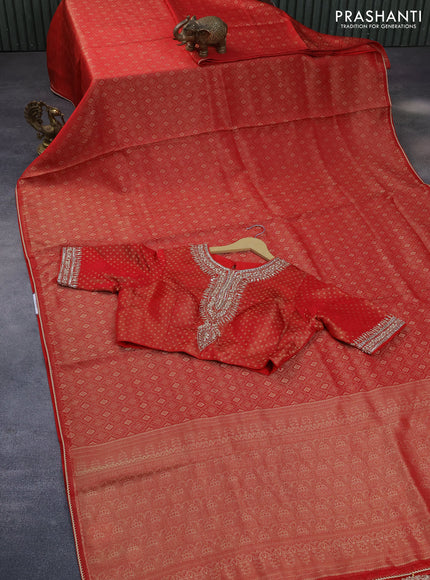 Munga tussar silk saree red with allover zari woven brocade weaves and lace work border with readymade embroidery work blouse