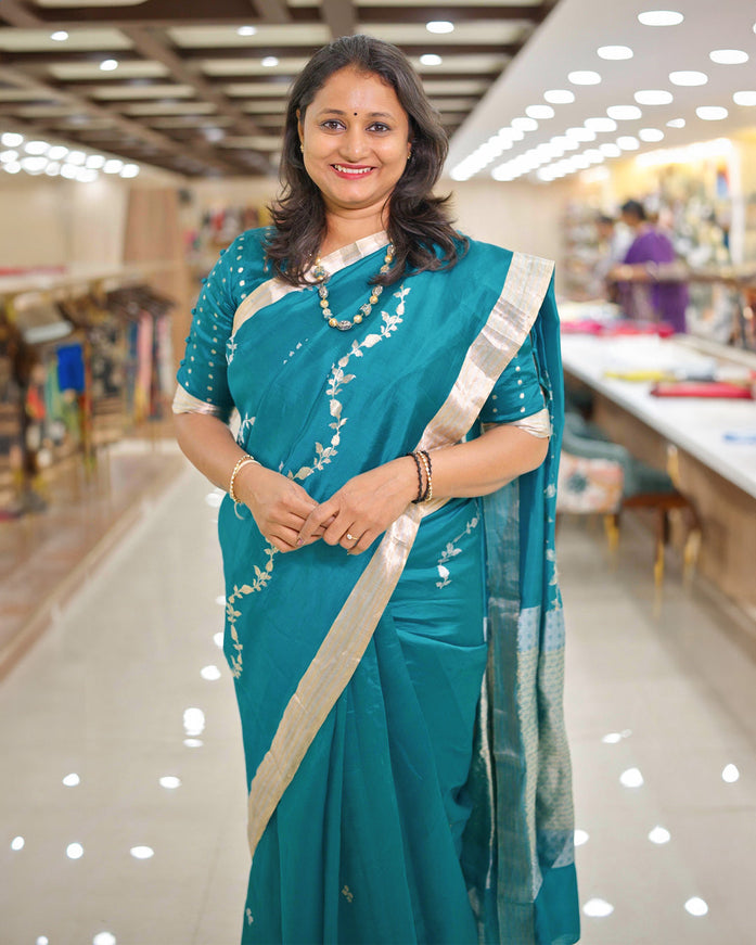 Banarasi poona silk saree cs blue with silver & gold zari weaves and zari woven border