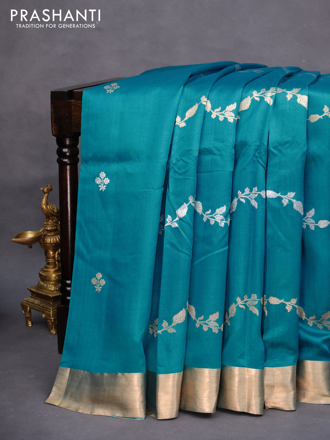 Banarasi poona silk saree cs blue with silver & gold zari weaves and zari woven border