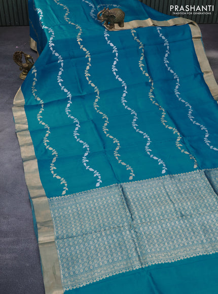 Banarasi poona silk saree cs blue with silver & gold zari weaves and zari woven border