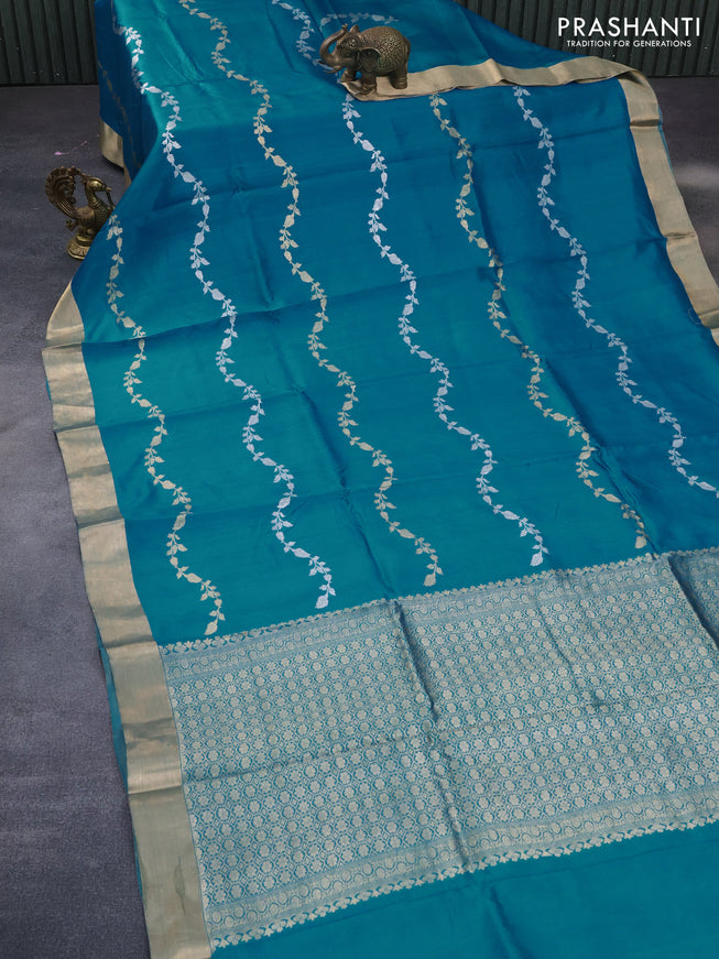 Banarasi poona silk saree cs blue with silver & gold zari weaves and zari woven border