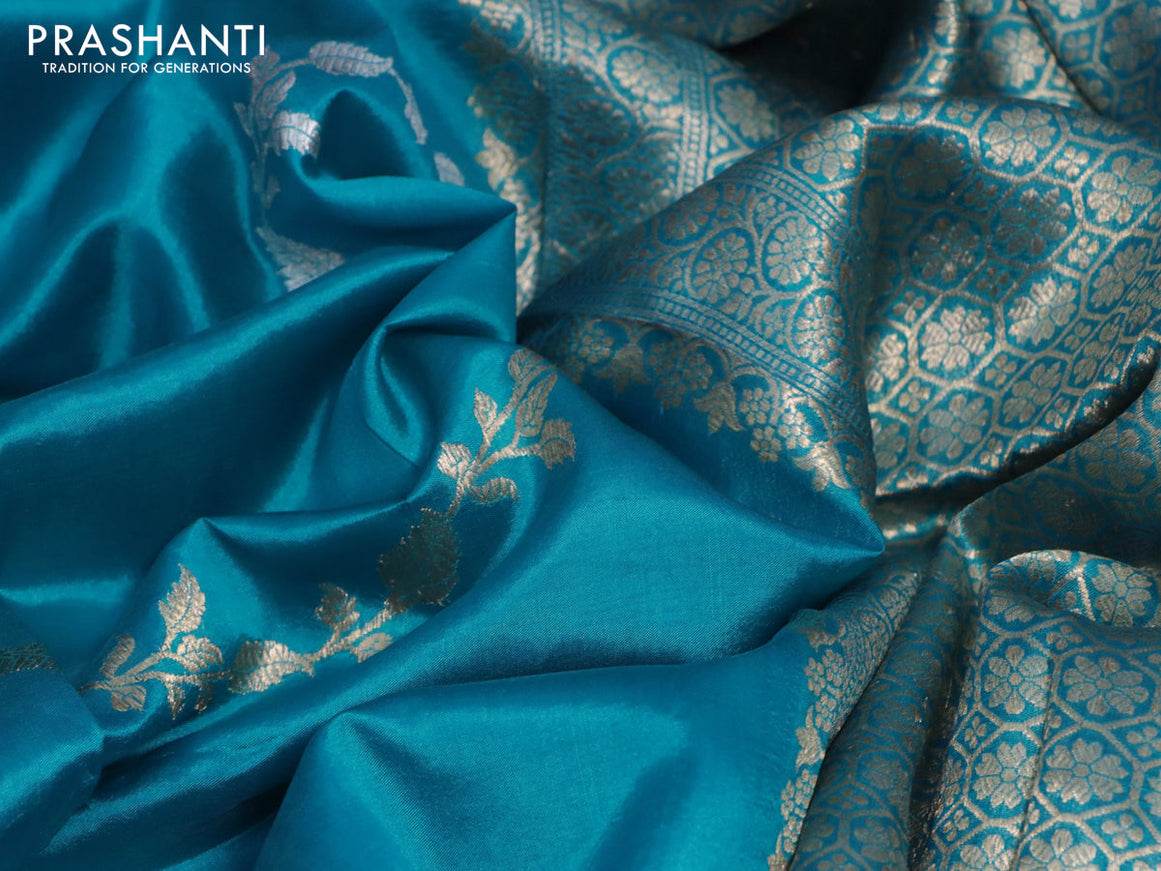 Banarasi poona silk saree cs blue with silver & gold zari weaves and zari woven border