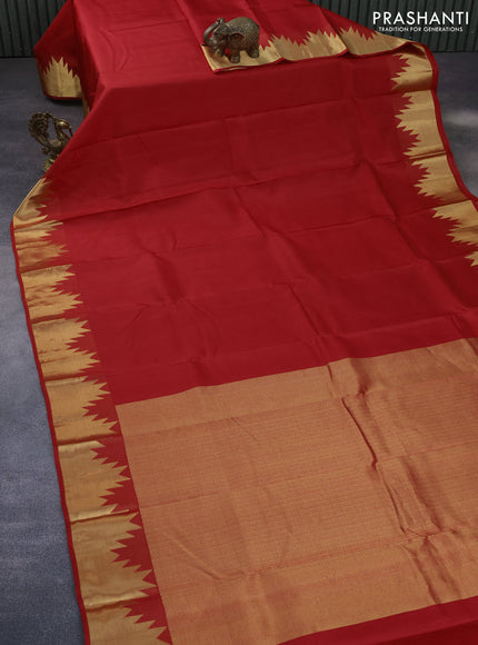 Pure kanchipuram silk saree red with plain body and temple deisgn zari woven border