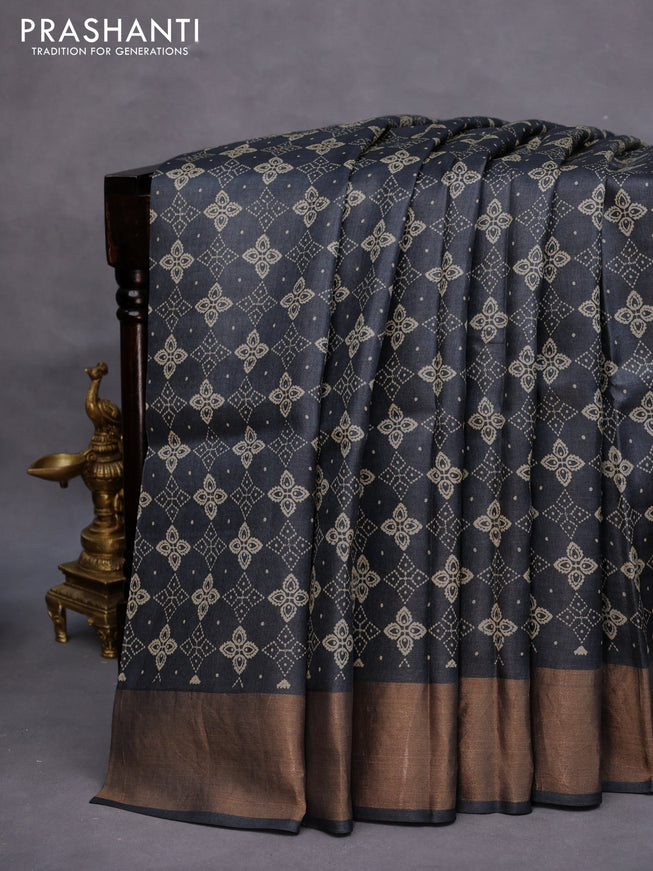 Pure tussar silk saree elephant grey with allover prints and zari woven border