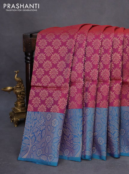 Kanchipuram soft silk saree dual shade of purple and cs blue with allover zari woven brocade weaves and long zari woven border