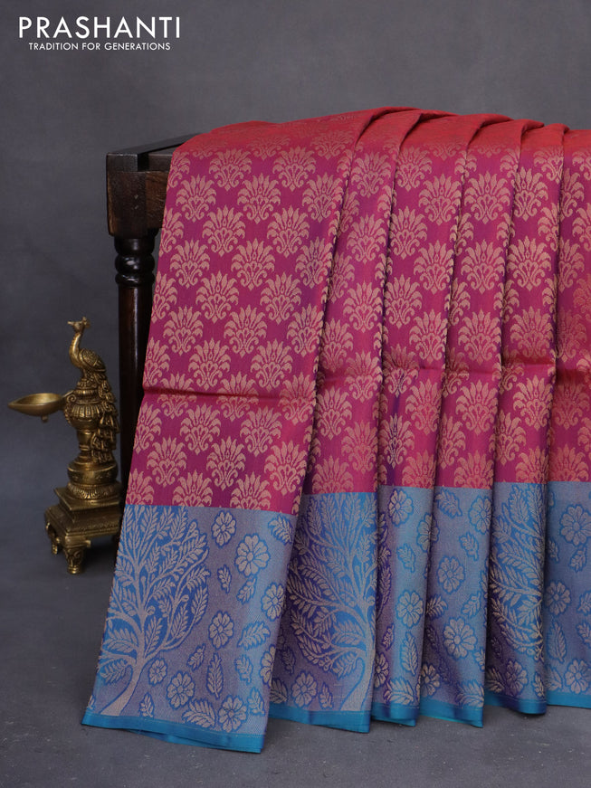 Kanchipuram soft silk saree dual shade of purple and cs blue with allover zari woven brocade weaves and long zari woven border