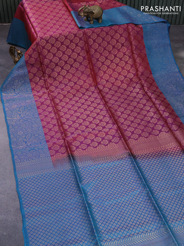 Kanchipuram soft silk saree dual shade of purple and cs blue with allover zari woven brocade weaves and long zari woven border