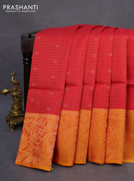 Kanchipuram soft silk saree red and dual shade of yellowish red with allover zari checks & buttas and long zari woven border