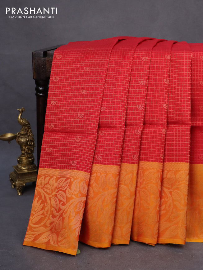 Kanchipuram soft silk saree red and dual shade of yellowish red with allover zari checks & buttas and long zari woven border