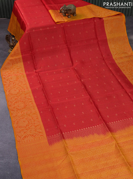 Kanchipuram soft silk saree red and dual shade of yellowish red with allover zari checks & buttas and long zari woven border