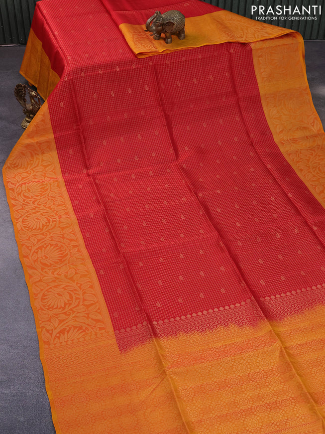 Kanchipuram soft silk saree red and dual shade of yellowish red with allover zari checks & buttas and long zari woven border