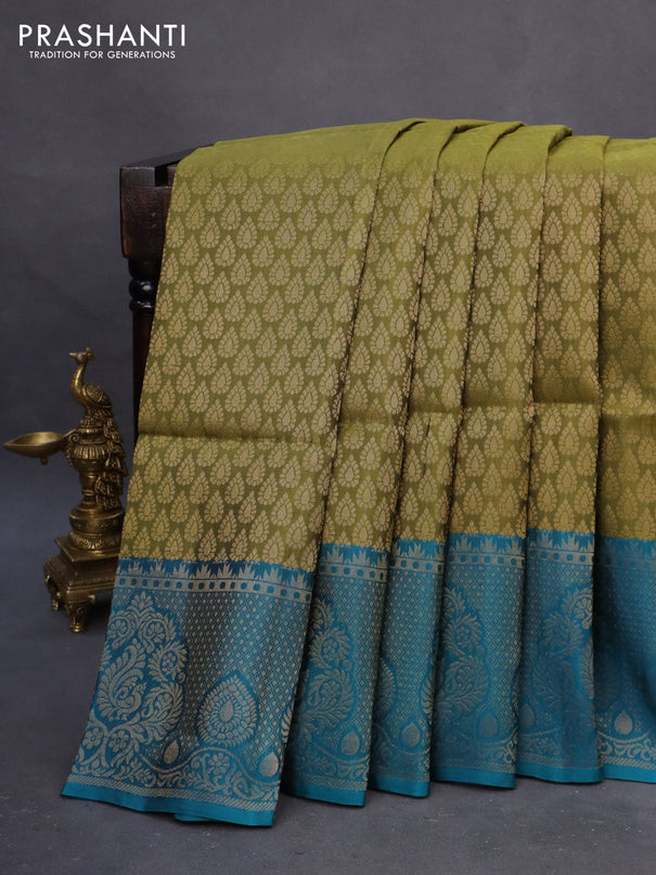 Kanchipuram soft silk saree mehendi green and teal green shade with allover zari woven brocade weaves and rich zari woven border