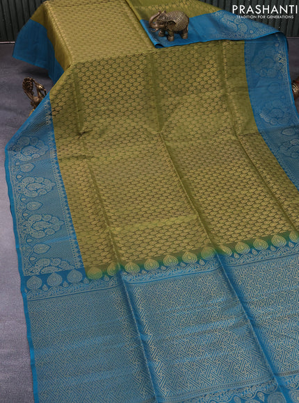 Kanchipuram soft silk saree mehendi green and teal green shade with allover zari woven brocade weaves and rich zari woven border