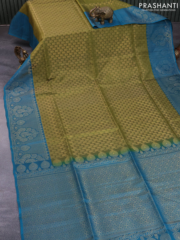 Kanchipuram soft silk saree mehendi green and teal green shade with allover zari woven brocade weaves and rich zari woven border