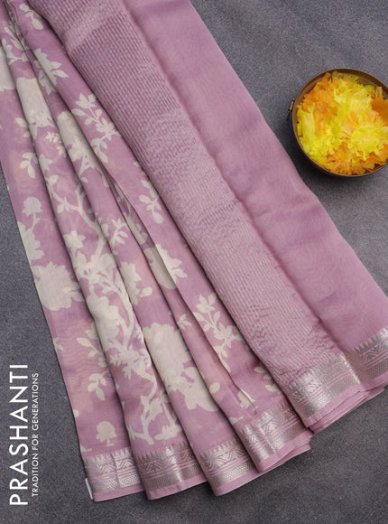 Chanderi silk cotton saree pastel pink with allover floral prints and zari woven border