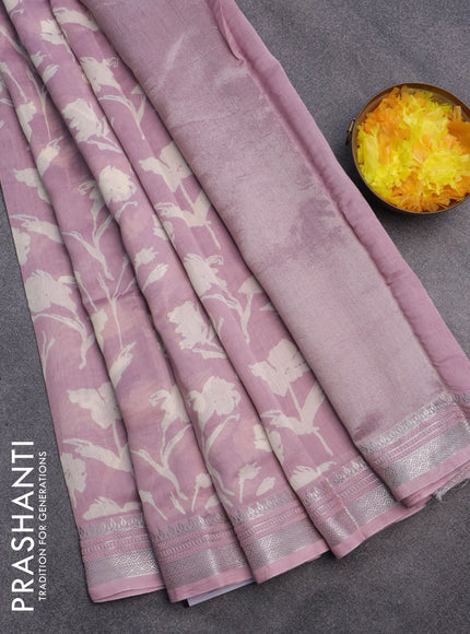 Chanderi silk cotton saree pastel pink with allover floral prints and silver zari woven border