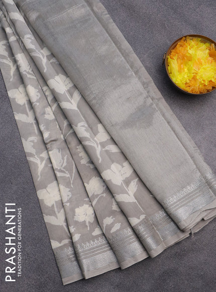 Chanderi silk cotton saree grey shade with allover floral prints and silver zari woven border