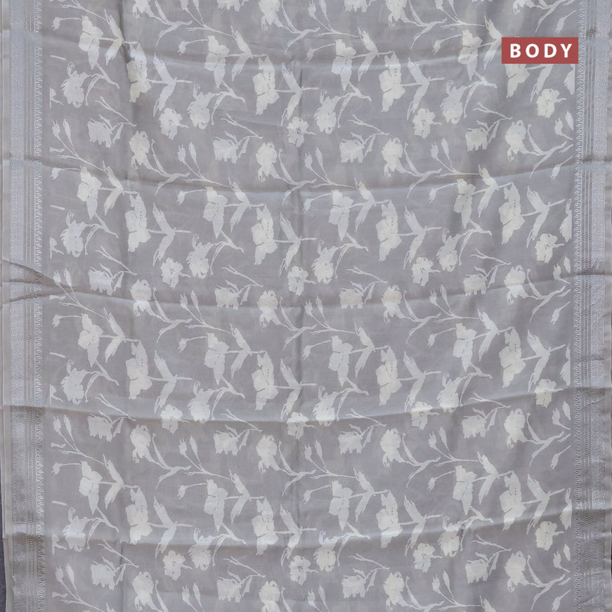 Chanderi silk cotton saree grey shade with allover floral prints and silver zari woven border