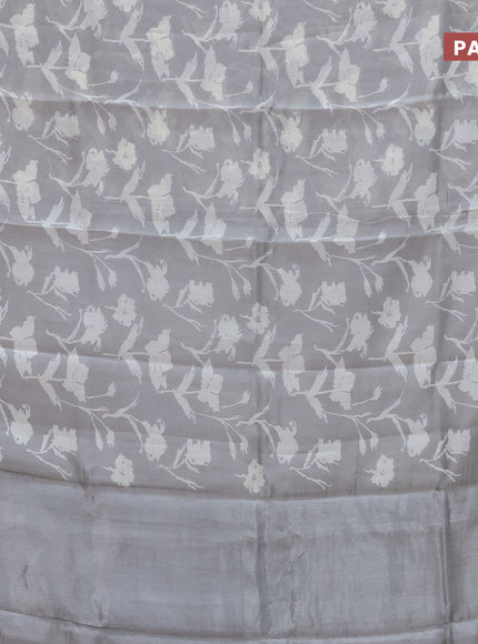 Chanderi silk cotton saree grey shade with allover floral prints and silver zari woven border